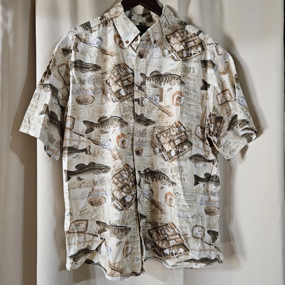 North river Other - North River Shirt Mens‎ XL Beige Cabin Fishing Lures Print Camping Grandpa Dad